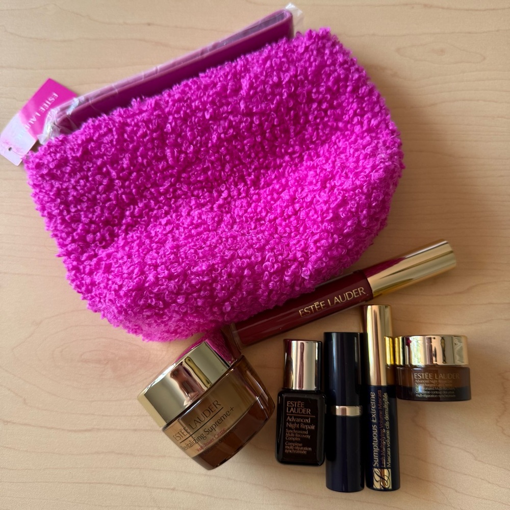 Estée Lauder Pink Cosmetic Bag with Skincare and Makeup Set